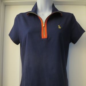 RALPH LAUREN GOLF NAVY BLUE ORANGE GOLD PONY TOP M